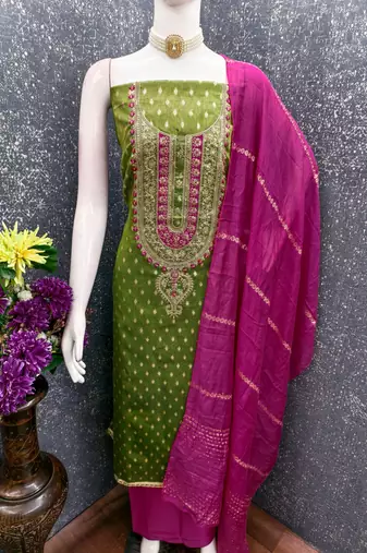 Green shimmer jacquard ethnic Readymade suit
