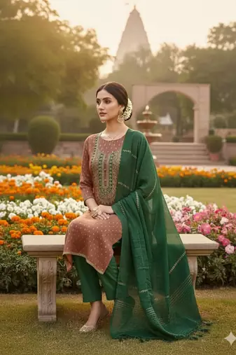 Brown shimmer jacquard ethnic Readymade suit