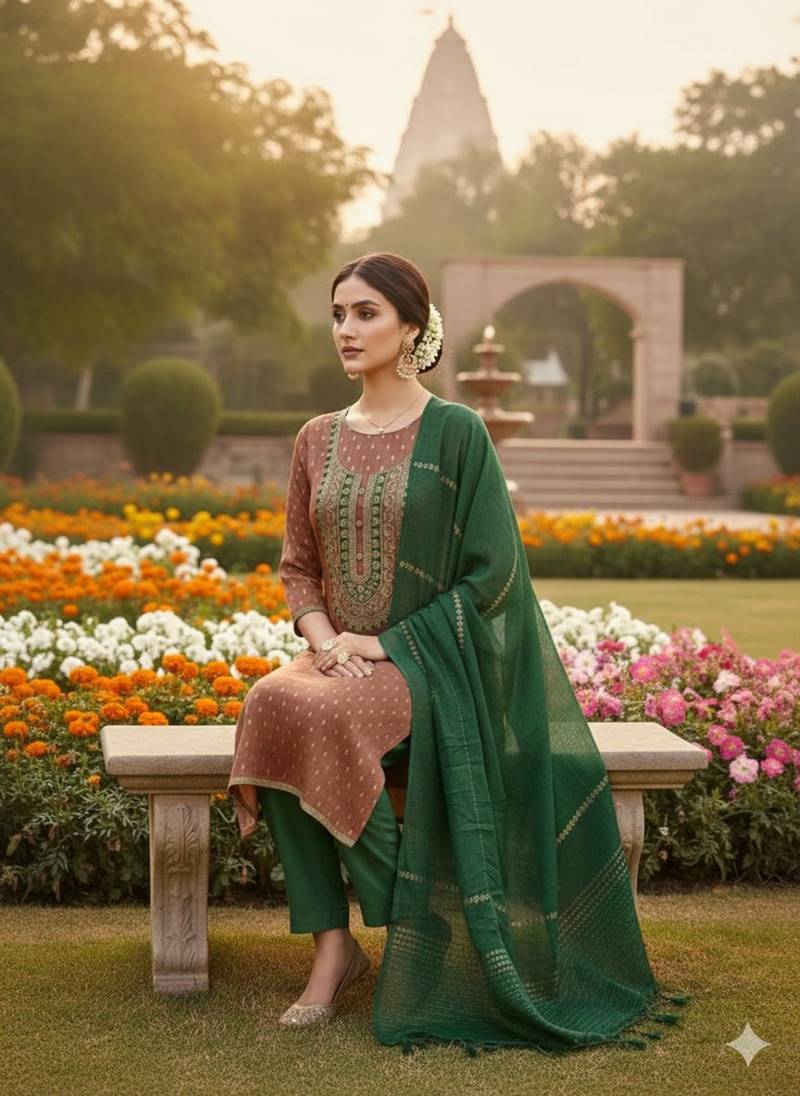 Brown shimmer jacquard ethnic Readymade suit