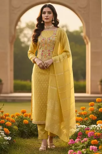 Mustard shimmer jacquard ethnic Readymade suit