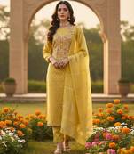 Mustard shimmer jacquard ethnic Readymade suit