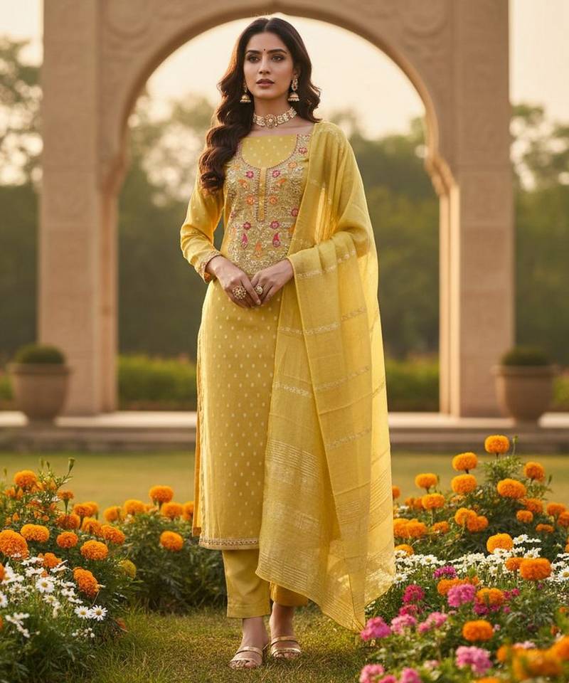Mustard shimmer jacquard ethnic Readymade suit