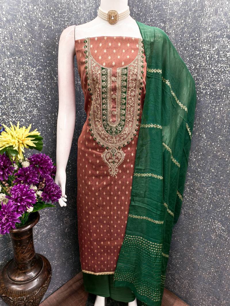Brown shimmer jacquard ethnic Readymade suit