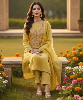 Mustard shimmer jacquard ethnic Readymade suit 2