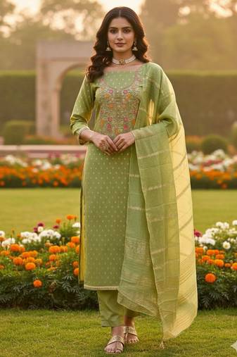 Green shimmer jacquard ethnic Readymade suit