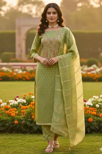 Green shimmer jacquard ethnic Readymade suit