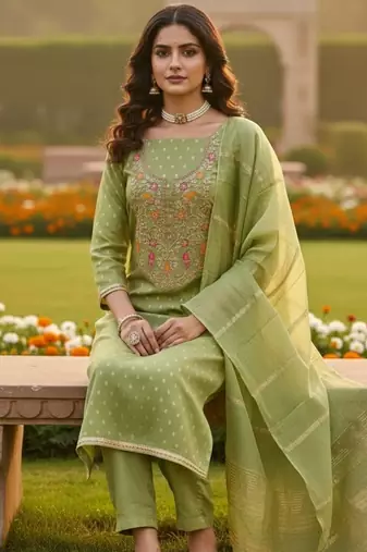 Green shimmer jacquard ethnic Readymade suit
