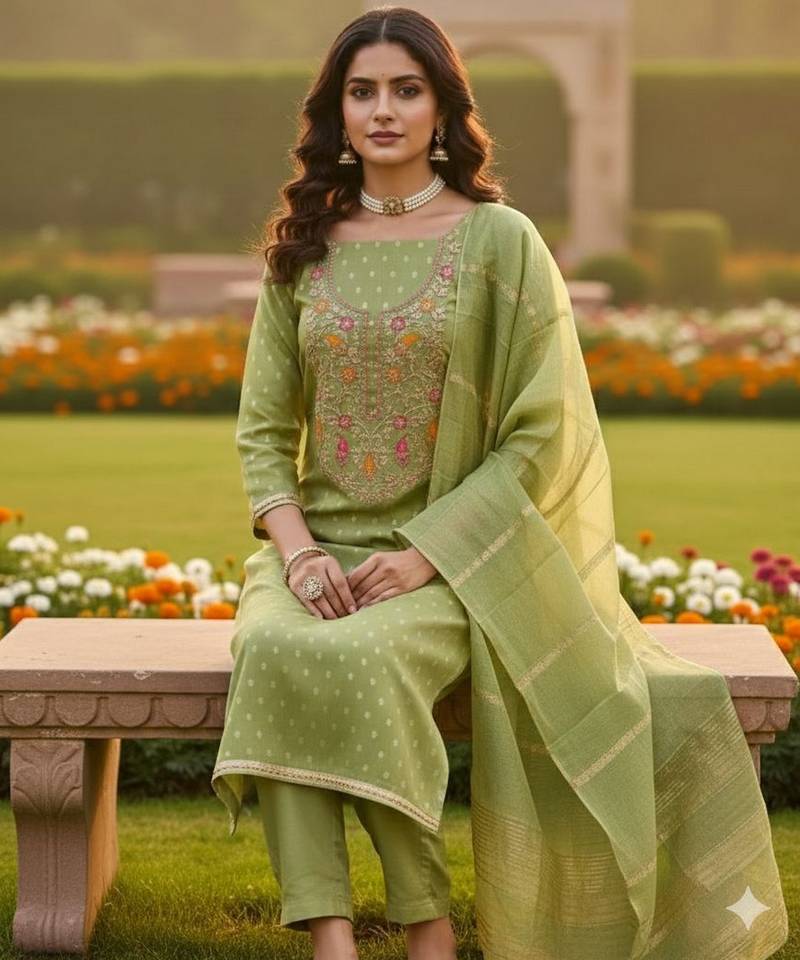 Green shimmer jacquard ethnic Readymade suit