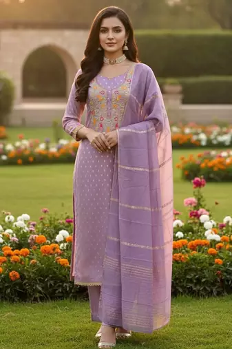 Purple shimmer jacquard ethnic Readymade suit