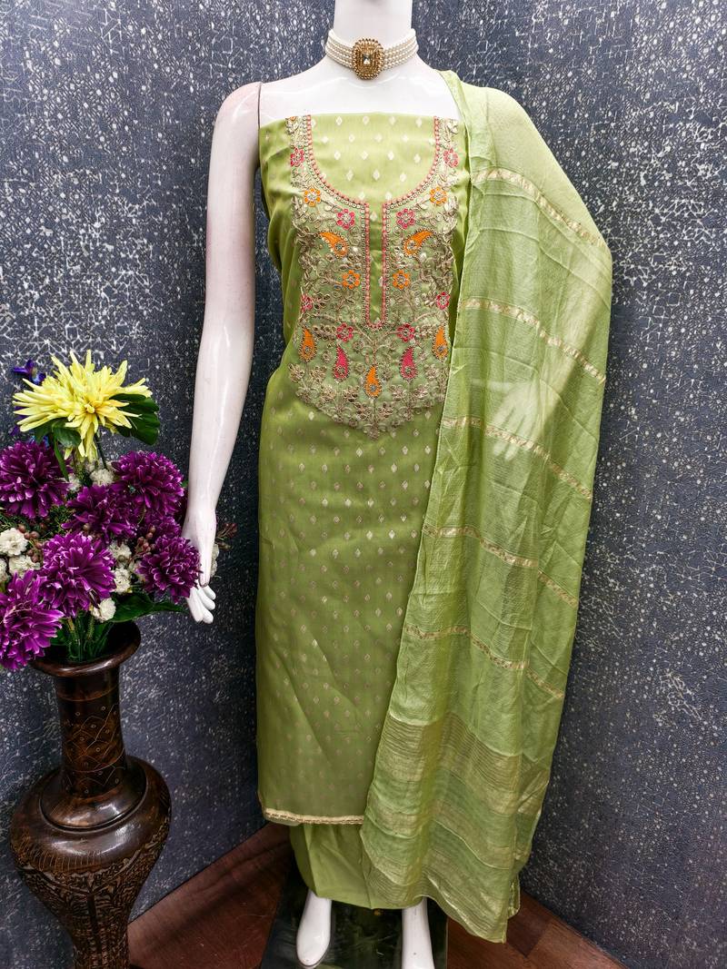 Green shimmer jacquard ethnic Readymade suit