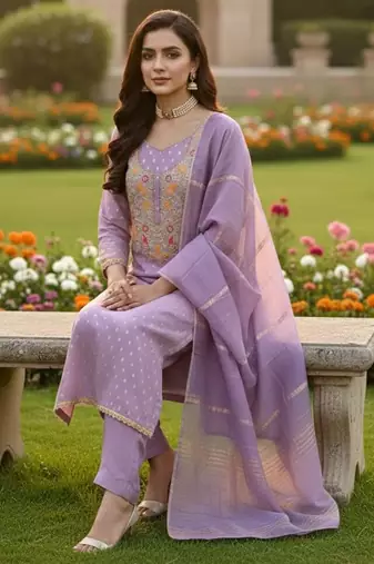Purple shimmer jacquard ethnic Readymade suit