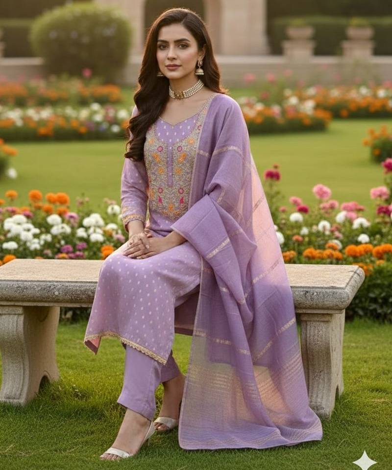Purple shimmer jacquard ethnic Readymade suit