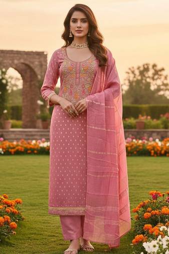 Pink shimmer jacquard ethnic Readymade suit