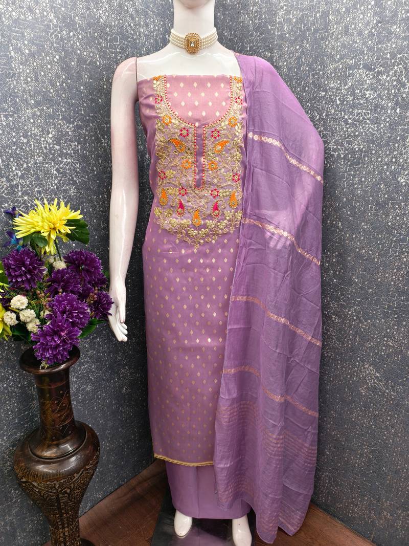 Purple shimmer jacquard ethnic Readymade suit