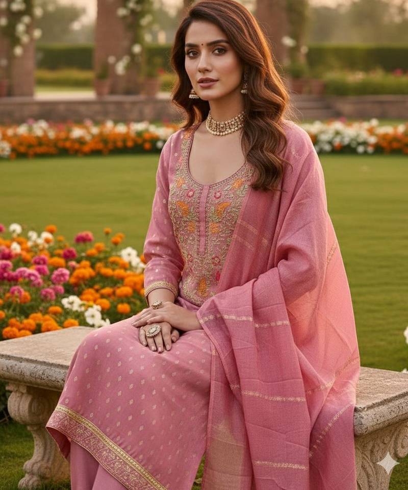 Pink shimmer jacquard ethnic Readymade suit