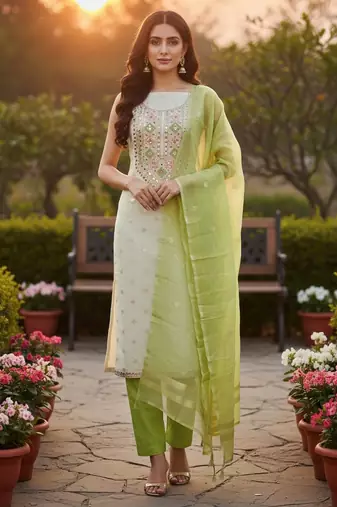 Off white simmer jacquard embroidered partywear Readymade suit