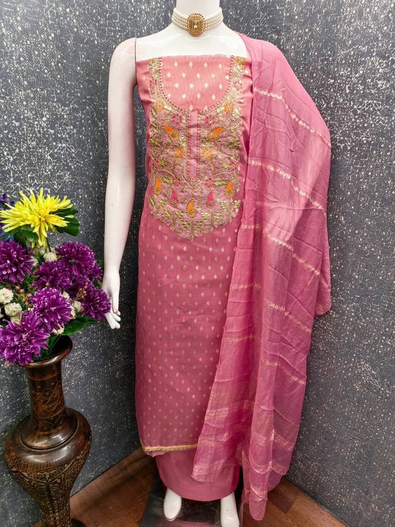Pink shimmer jacquard ethnic Readymade suit