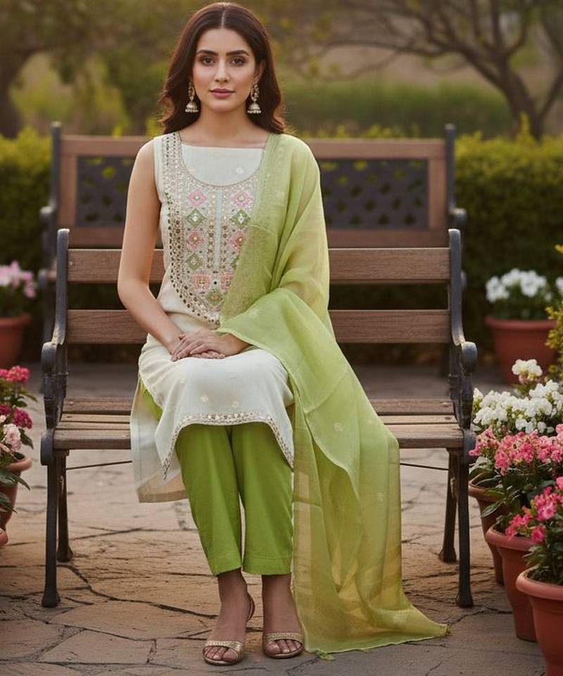 Off white simmer jacquard embroidered partywear Readymade suit