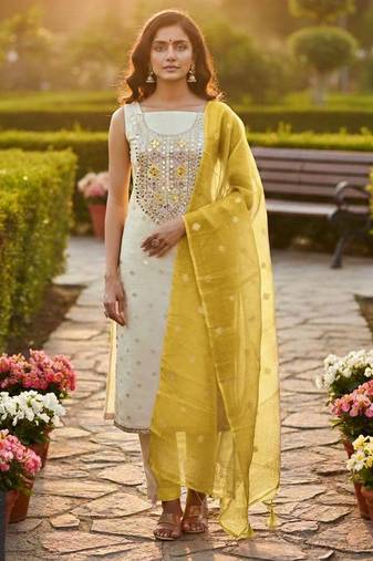 Off white simmer jacquard embroidered partywear Readymade suit