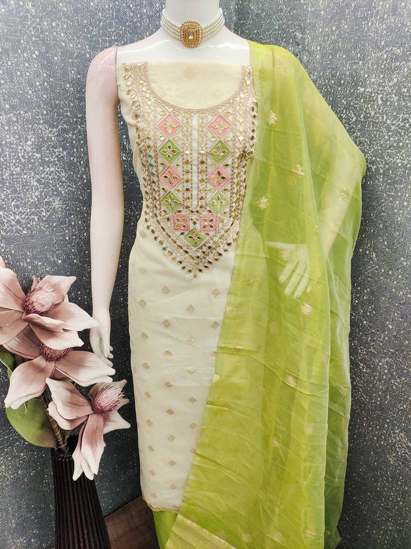 Off white simmer jacquard embroidered partywear Readymade suit