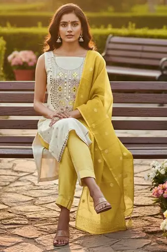 Off white simmer jacquard embroidered partywear Readymade suit
