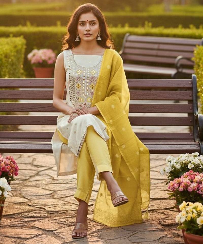 Off white simmer jacquard embroidered partywear Readymade suit