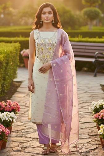 Off white simmer jacquard embroidered partywear Readymade suit