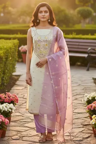 Off white simmer jacquard embroidered partywear Readymade suit