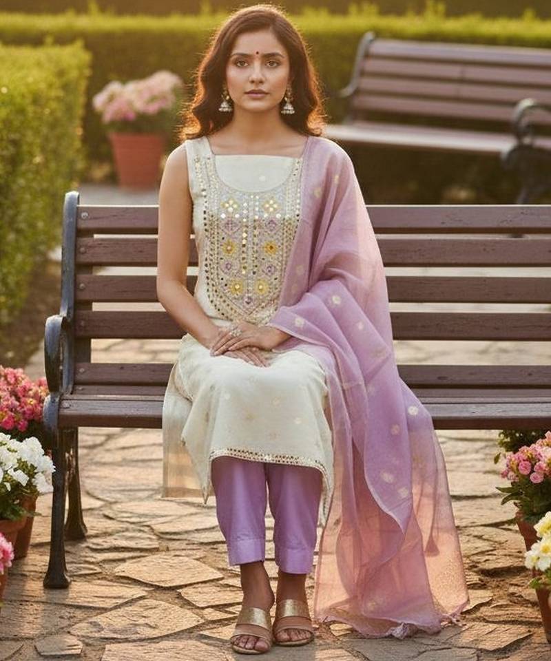 Off white simmer jacquard embroidered partywear Readymade suit