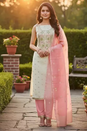 Off white simmer jacquard embroidered partywear Readymade suit