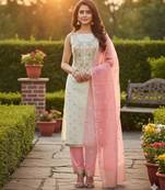 Off white simmer jacquard embroidered partywear Readymade suit