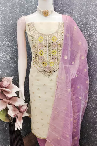 Off white simmer jacquard embroidered partywear Readymade suit