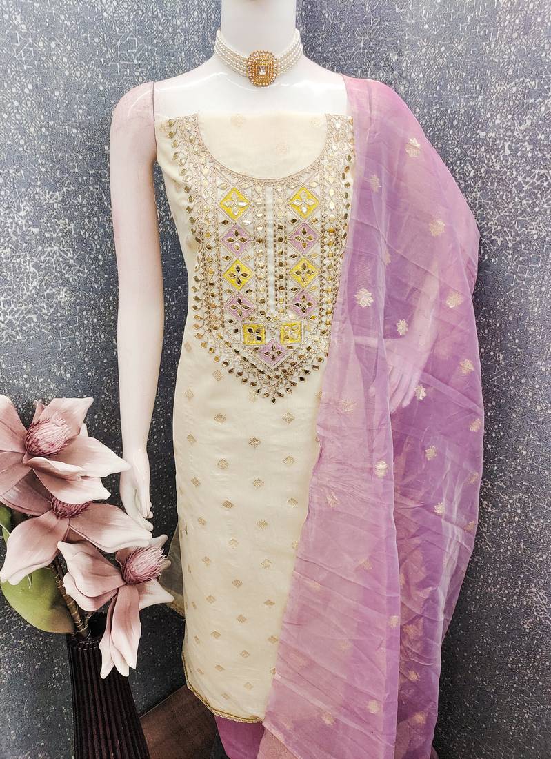 Off white simmer jacquard embroidered partywear Readymade suit