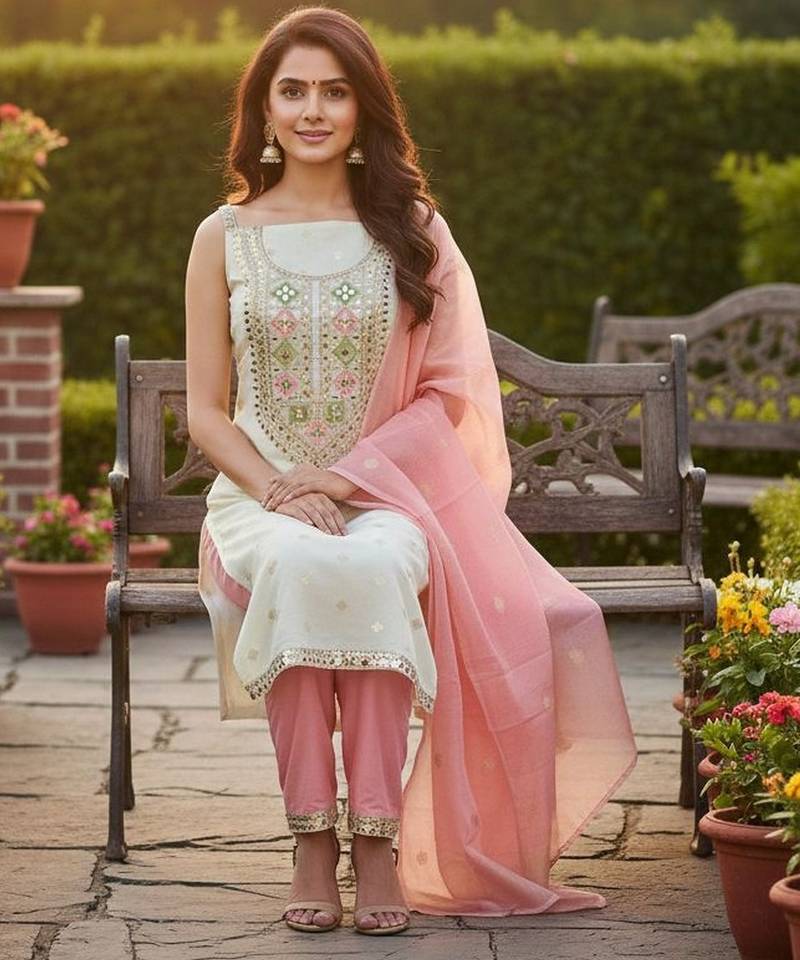 Off white simmer jacquard embroidered partywear Readymade suit