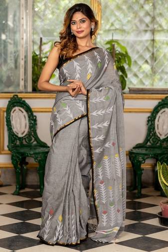 grey hand woven cotton zari work all seasons sarees