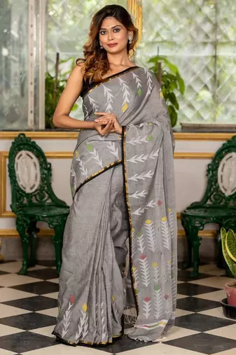 grey hand woven cotton zari work all seasons sarees