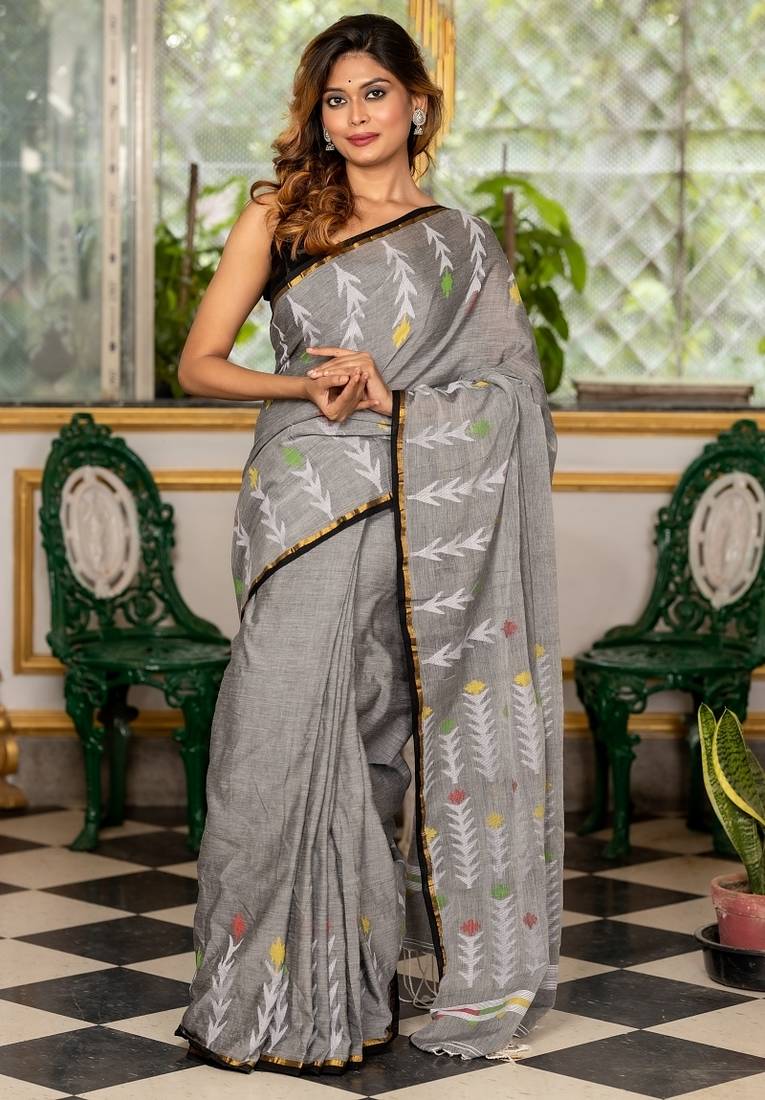 grey hand woven cotton zari work all seasons sarees