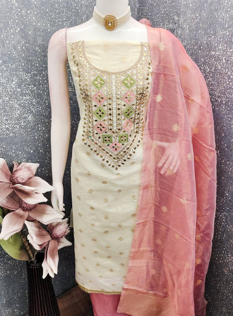 Off white simmer jacquard embroidered partywear Readymade suit