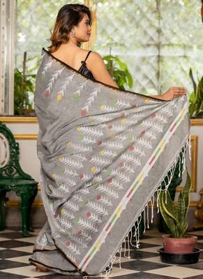 grey hand woven cotton zari work all seasons sarees 3