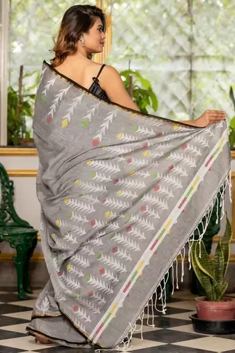 grey hand woven cotton zari work all seasons sarees