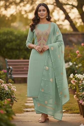 Green simmer embroidered partywear Readymade suit