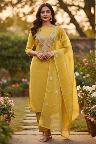 Mustard simmer embroidered partywear Readymade suit