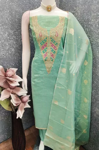 Green simmer embroidered partywear Readymade suit