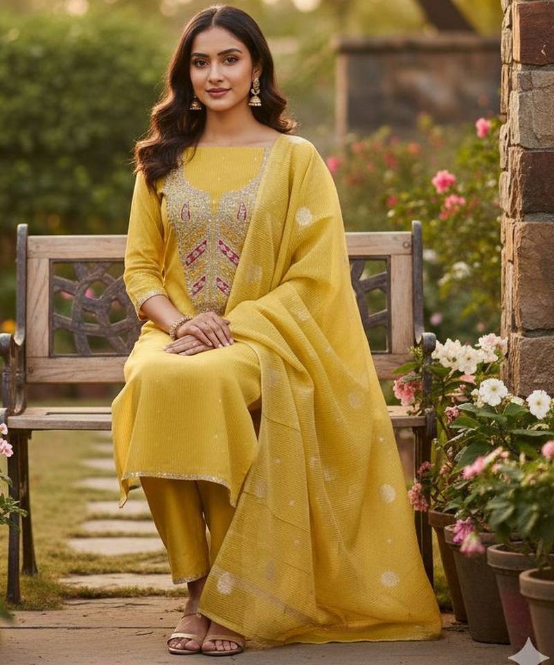 Mustard simmer embroidered partywear Readymade suit