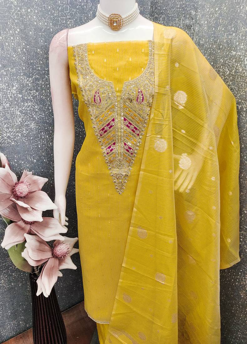 Mustard simmer embroidered partywear Readymade suit