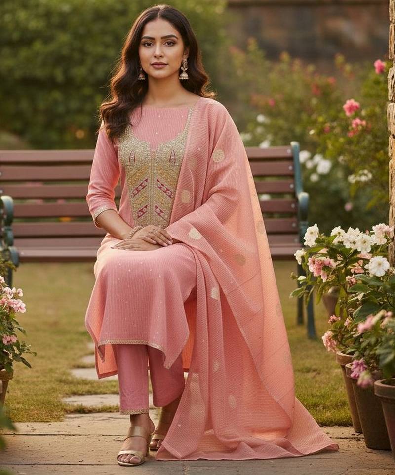 Peach simmer embroidered partywear Readymade suit