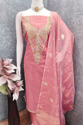 Peach simmer embroidered partywear Readymade suit