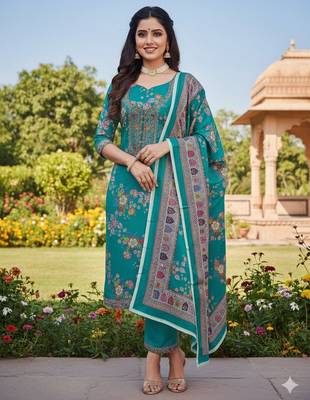 Blue chinon ethnic Readymade suit 1