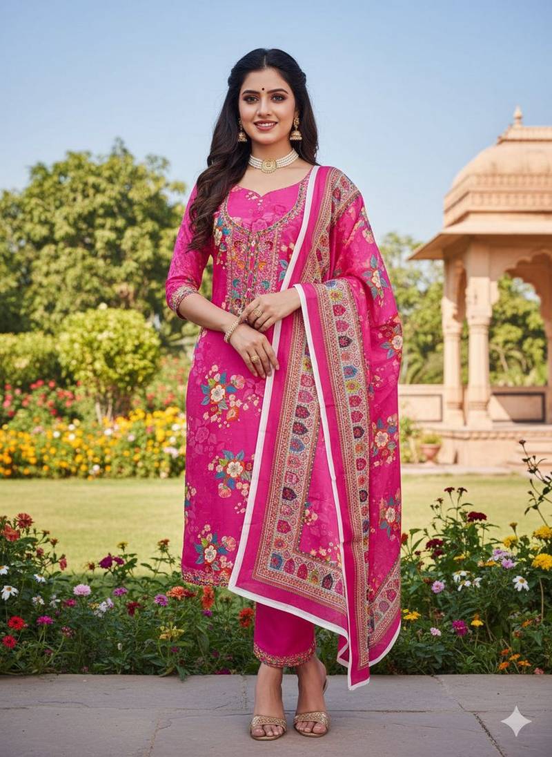 Pink chinon ethnic Readymade suit