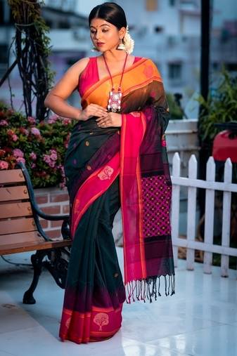 green hand woven cotton bengal handloom all seasons sarees